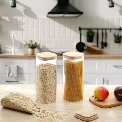 Produktbild von Vorratsbehälter mit Deckel - Glasbehälter mit Bambusdeckeln - Transparente Vorratsgläser für Hafer, Müsli, Pasta, Reis, Nüsse, Mehl - Set von 2, 2200 ml, 28 cm hoch