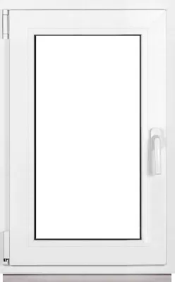 A white PVC window with a clear glass pane and a silver handle.