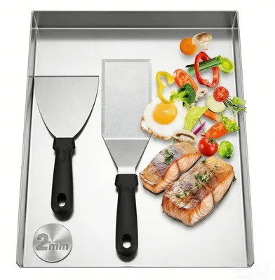 Image de Plaque de cuisson - Plaque de cuisson rectangulaire en acier, d'une épaisseur de 2 mm, avec grilles intégrées, idéale pour les barbecues, la cuisine teppanyaki et la préparation de viandes et de légumes