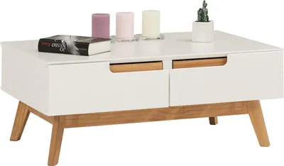 Produktbild von Couchtisch TIBOR, Beistelltisch Wohnzimmertisch Sofatisch Stubentisch, Kiefer massiv, 2 Schubladen, 2 Nischen, in weiß