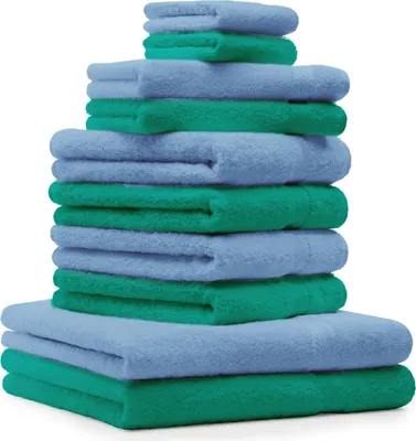 Produktbild von Betz 10-tlg. Handtuch-Set PREMIUM 2 Duschtücher 4 Handtücher 2 Gästetücher 2 Waschhandschuhe  Farbe:  smaragdgrün & hellblau