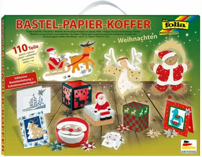 Produktbild von folia 922 - Bastelpapierkoffer Weihnachten, 110 Teile - Kreativset für Kinder und Erwachsene mit Bastelpapier und Dekoelementen