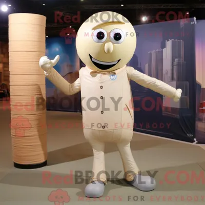 Productafbeelding van Mascot REDBROKOLY karakter van een beige menselijke kanonskogel gekleed met een skinny jeans en stropdassen