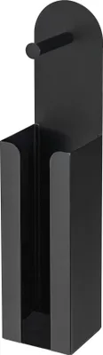 A black metal toilet paper holder stand with a hook on top.