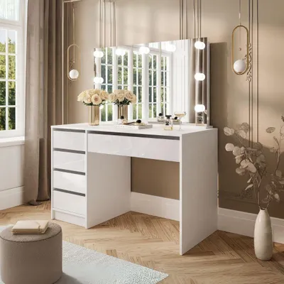 Immagine prodotto di Toeletta trucco Elite bianca con specchio 5 cassetti e lampadine LED 120x55x142,6H