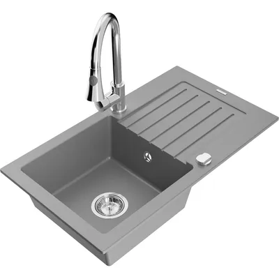 Obrázok produktu pre Mexen Pablo granitový jednokomorový drez s odkvapkávačom a kuchynskou batériou Elia, Šedá - 6510-71-670101-00