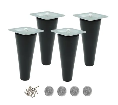 Four black furniture legs with silver mounting plates, screws, and felt pads are arranged on a white background.