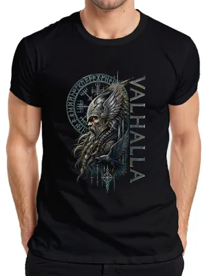 Produktbild von Valhalla Wikinger Odin Krieger Rabe Vegvisir Nordische Thor Runen Herren T-Shirt, Schwarz, S
