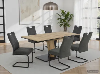 Produktbild von Hela Tische, 7tlg. Essgruppe Weser, Tisch Evoke Eiche Nachbildung ausziehbar 140-180cm, 6x Freischwingerstuhl Anthrazit Federkorb Griff, 140kg belastbar, KI-generiertes Bild