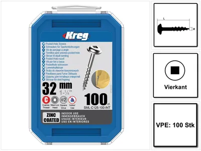 Zdjęcie produktu dla KREG Wkręt z łbem walcowym 32 mm 100 szt ( SML-C125-100 ) Napęd kwadratowy Gwint częściowy Gwint zgrubny Samogwintujący ocynkowany