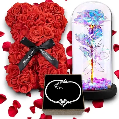 Obrázek produktu pro VALENTÝNSKÝ DÁRKOVÝ SET PRO ŽENY - Věčná růže ve skle s LED světlem + medvídek z růží, medvídek z růží + náramek ze stříbra | Dárek
