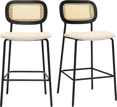 Produktbild von Miliboo - Designhocker aus Stoff in beige Samtoptik, schwarzem Metall und Rattan-Cannage (2er Set) MIRANDA