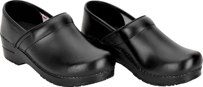 A pair of black clogs on a white background.