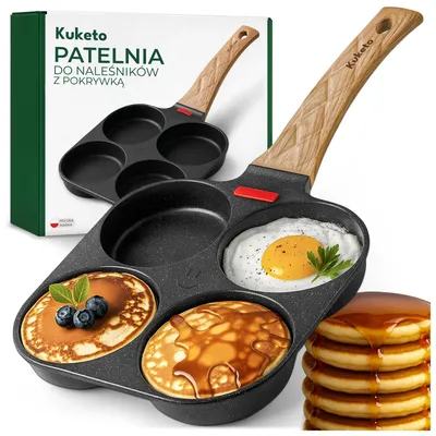 Produktbild von Kuketo | Pancake Pfanne Mit Deckel – 4 Mulden Ø 9 cm, Antihaft Marmorbeschichtung – Induktion & Gas – Bratpfanne Für Eier, Plinsen & Mini-Pfannkuchen