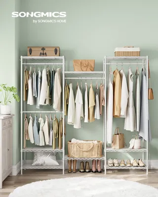 Produktbild von SONGMICS Kleiderständer, offener Kleiderschrank, Garderobe aus Metall, Garderobenständer mit verstellbaren Ablagen und Kleiderstangen, Haken