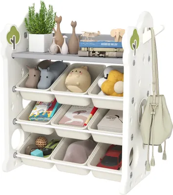 Produktbild von AIYAPLAY Kinderregal 4-Stufiges Spielzeugregal mit 9 Herausnehmbaren Boxen, Ablage, Haken, Kinderzimmerregal für Kindergarten, Spielzimmer, 77 x 42 x 94 cm, Cremeweiß