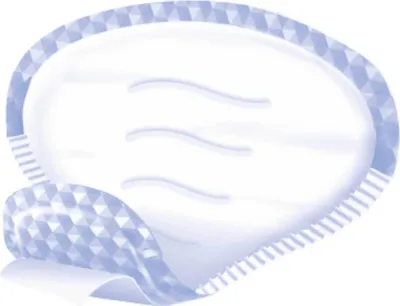 A single incontinence pad is shown against a white background. The pad is partially unwrapped, revealing its absorbent core and a patterned edge.