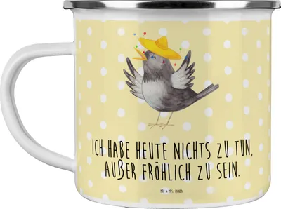 Produktbild von Mr. & Mrs. Panda Teetasse Rabe Sombrero - Gelb Pastell - Geschenk, Emaille Tasse, Teebecher, Spruch Positiv, Vögel, Motivation, Elster, Campingtasse, Vogel, Haferl