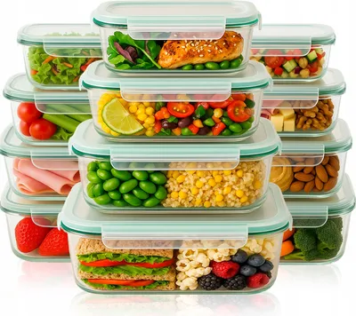 Produktbild von SuperButelki - Pojemniki na żywność, lunchbox 12 sztuk, 370ml, 640ml, 1000ml, 1500ml, szklane i hermetyczne, styl każdego dnia