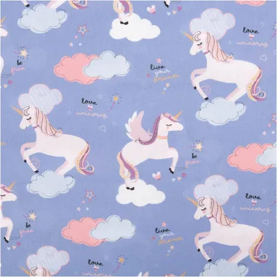 Produktbild von Popeline Baumwollstoff Einhörner Wolken blau weiß, 1,48 m breit