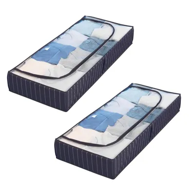Produktbild von 2x Unterbettkommode mit Sichtfenster Blau 105 x 15 x 45 cm Unterbett-Aufbewahrungstasche Kommode Aufbewahrung