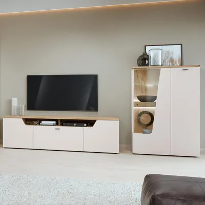 Produktbild von Wohnwand in Kaschmir & Eiche mit Lowboard & Highboard, 2-teilig - CARMONA-129
