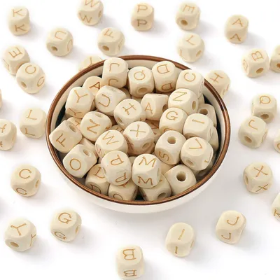 Produktbild von 52 Holzperlen mit Buchstabenperlen, Holzperlen, Würfel, 12 mm, natürliche Holzperlen zum Basteln und für Handarbeiten (B)