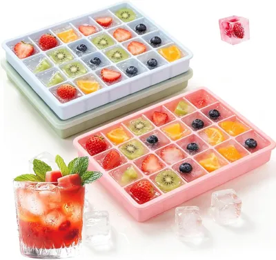 Immagine prodotto di Stampini in silicone per cubetti di ghiaccio con coperchio - Set di 3 contenitori per cubetti di ghiaccio - Senza BPA - Stampo quadrato per cubetti di ghiaccio - Contenitore in silicone per cubetti di ghiaccio