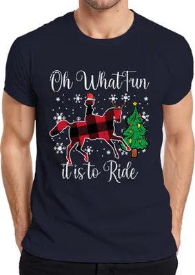 Produktbild von Oh What Fun Tis To Ride Weihnachten Pferd Rentier Buffalo Plaid Herren T-Shirt, Navy, L