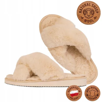 Productafbeelding van Damesslippers, beige, kunstbont, pantoffels, handgemaakt, zacht, maat 36