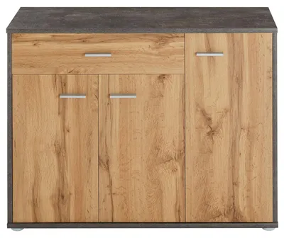 Produktbild von Schuhschrank DEUSTO 3 Türen 1 Schublade 7 Einlageböden für Flur und Eingangsbereich - Schuhregal geschlossen - Schuhaufbewahrung Sideboard betonoptik/eiche