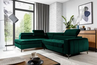 Produktbild von Ecksofa Schlafsofa Sofa AGNESA Stoff Salvador Dunkelgrün Ottomane Links