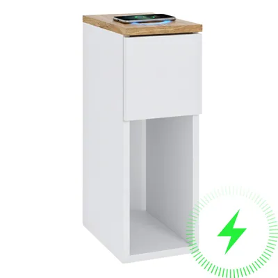 Produktbild von Nachttisch Beistelltisch ComfortCove Weiß 20x30x55 cm Schublade Eiche Torro Induktion 15W