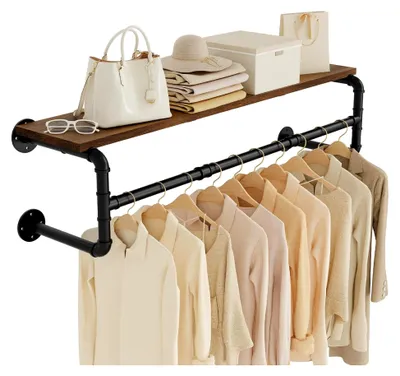 Produktbild von Industrielle Wandgarderobe mit Ablage und Kleiderstange zur Wandmontage, Schwarz