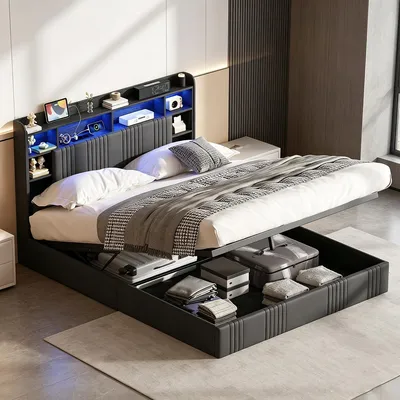 Produktbild von INONEFT Boxspringbetten Polsterbett 160x200 mit LED und USB/C, Hydraulisches Bett mit Stauraum Kopfteil,Modernes Doppelbett Bettgestell, Leinen, Grau
