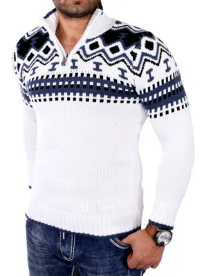 Produktbild von Reslad Herren Strickpullover Crewneck Zipper Norweger Pullover RS-3110 Weiß M
