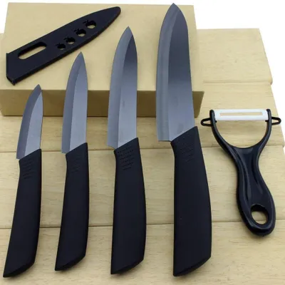 Produktbild von Keramikmesser Kochmesser Küchenmesser - 4-teilig - Schwarz - Mit Dünnschäler und Schutzhülle