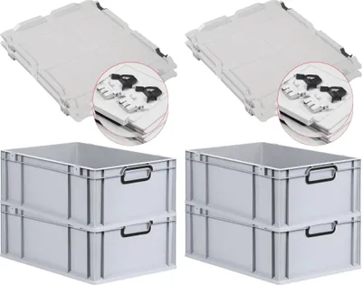 Produktbild von SuperSparSet 4x Eurobox NextGen Color mit Scharnierdeckel und Schiebeschnappverschlüssen | HxBxT 22x40x60cm | 44 Liter | Grau | Griffe schwarz geschlossen | Verstärkter Boden | Eurobehälter, Transportbox, Transportbehälter, Stapelbehälter