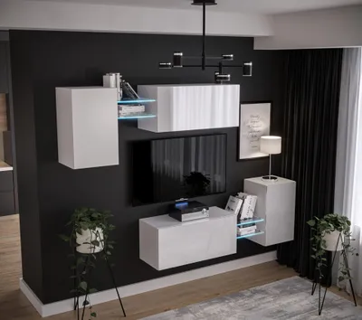 Produktbild von Furnitech Wohnwand Wohnzimmer - Hängend Wohnwand Modern - Regale und TV Schrank - Wohnzimmer Möbel ohne LED (AN97-21W-HG2 1A)