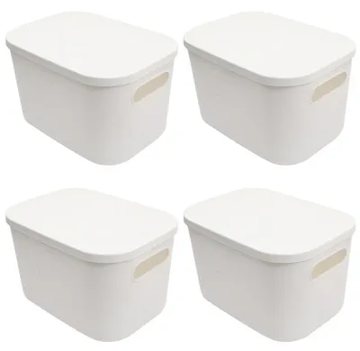 Produktbild von Aufbewahrungsboxen mit Deckel, Set mit 4 stapelbaren Aufbewahrungskörben aus Kunststoff, 8 Liter, kleine Größe, ideal als Organizer für Badezimmer- und Küchenschränke, weiße Boxen mit Deckel.