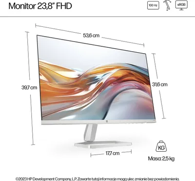 Zdjęcie produktu dla HP 23,8-calowy monitor seria 5 FHD w kolorze białym – 524sw, 60,5 cm (23.8"), 1920 x 1080 px, Full HD, LCD, 5 ms, Srebrny