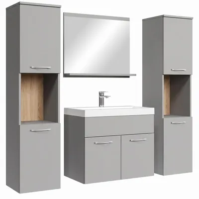 Produktbild von Badplaats Badmöbel Komplettset Montreal XL 60 x 35 cm Grau Matt - Badezimmermöbel mit Waschbecken, Spiegel und 2 Badezimmerschränke