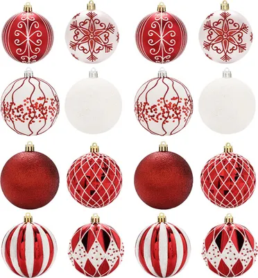 Produktbild von 16 Stück Christbaumkugeln,DIY-Zubehör,farbig bedruckte Kunststoffkugeln für Feiertagsparty-Szenenlayout,Heim-Hochzeitsdekoration,Rot & Weiß,8 cm