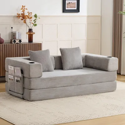 Immagine prodotto di Divano a pavimento, divano componibile, trasformabile, con cuscini, braccioli, portabicchieri, tasche laterali, rivestito in tessuto corduroy, ideale per soggiorno/camera da letto. L3