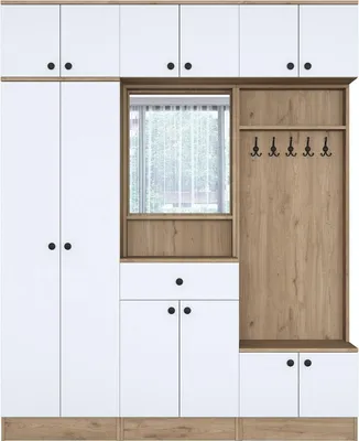 Produktbild von Eingangsmöbel Constellation, Moderner Eingang, Wandgarderobe, Multifunktions-Aufbewahrungskonsole, 180x38 h226 cm, Walnuss und Weiß