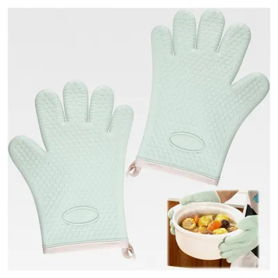 Produktbild von 2 Stück Hitzebeständige Backhandschuhe aus Silikon mit Baumwoll-Innenfutter