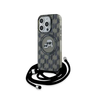 Produktbild von MagSafe Hülle für Apple iPhone 15 Pro Max - Karl Lagerfeld IML Crossbody Monogram Karl & Choupette Head Back Cover mit Kordel - Schwarz
