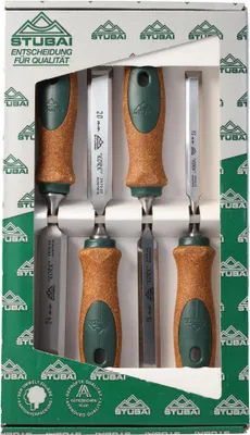 Produktbild von Stemmeisensatz Korkheft, 4-teiliges Set (13,16,20,24mm) Stemmeisen mit rutschfestem Korkgriff aus nachhaltiger Herstellung, STUBAI Stechbeitel zur präzisen Holzbearbeitung, Spezial Stecheisen