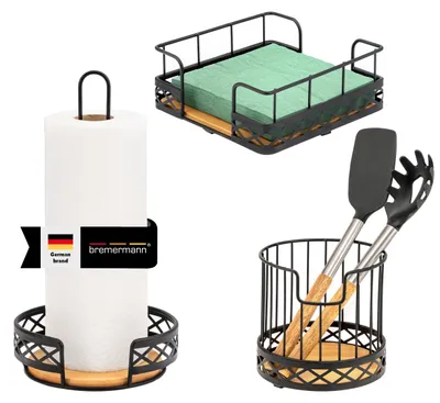 Imagen del producto de Juego de utensilios de cocina Bremermann de 3 piezas: 1 soporte para rollo, 1 soporte para utensilios, 1 toallero, bambú y metal.