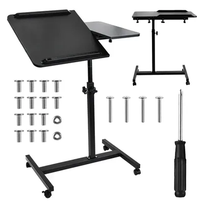 A black adjustable laptop stand with included screws and a screwdriver, displayed against a white background.